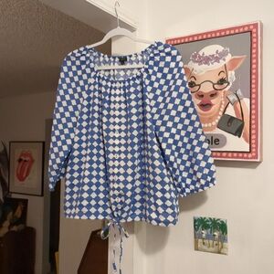 Talbots Linen Scoop Neck 3/4 Sleeve Top  Blue & White Print Casual Coastal Sz L